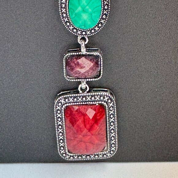 Silver Tone Statement Necklace Faceted Multicoloured Plastic Stones 20 inches - Picture 3 of 9